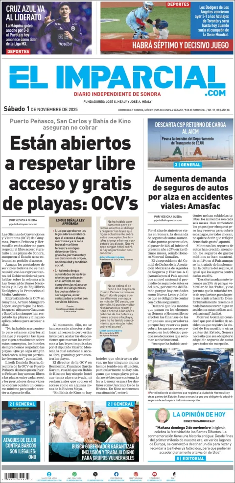 Portada de El Imparcial del sábado, 1 de noviembre de 2025