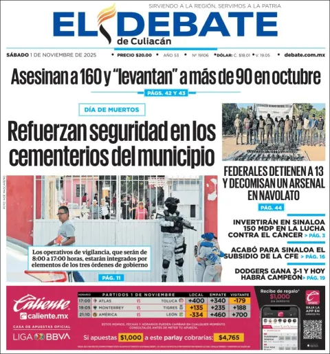 Portada de El Debate de Culiacan del sábado, 1 de noviembre de 2025