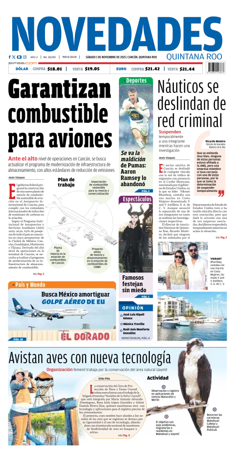 Portada de Novedades Quintana Roo del sábado, 1 de noviembre de 2025