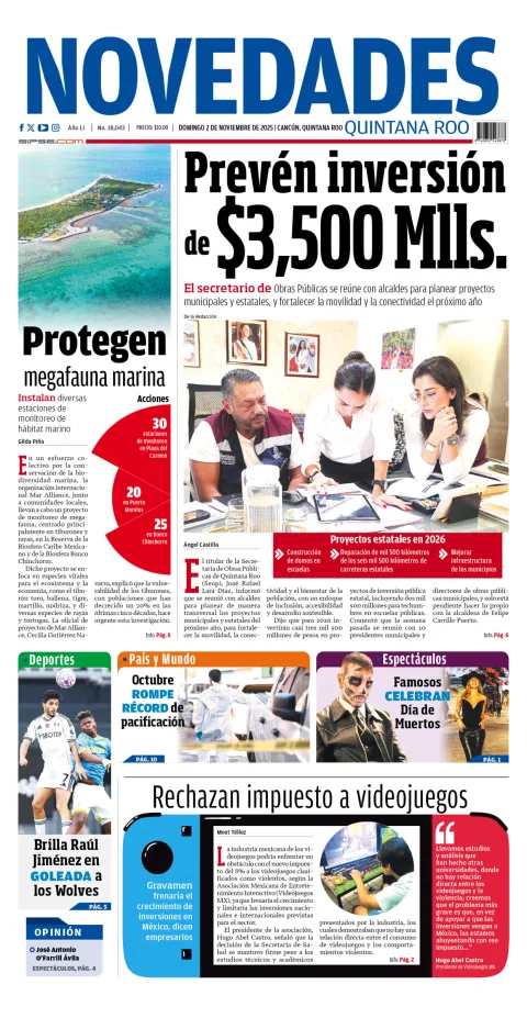 Portada de Novedades Quintana Roo del domingo, 2 de noviembre de 2025