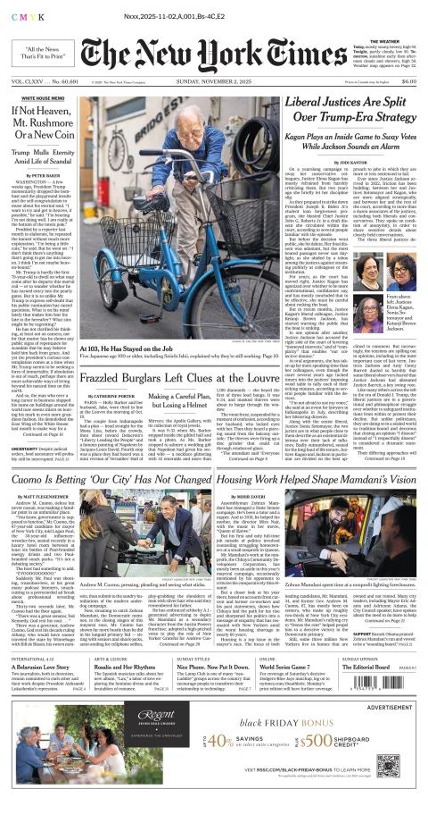 Portada de The New York Times (new York) del domingo, 2 de noviembre de 2025