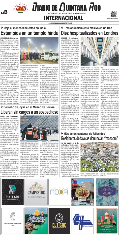 Portada de Diario de Quintana Roo (contra Portada) del domingo, 2 de noviembre de 2025