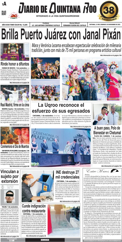 Portada de Diario de Quintana Roo (portada) del domingo, 2 de noviembre de 2025