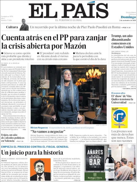 Portada de El Pais del domingo, 2 de noviembre de 2025