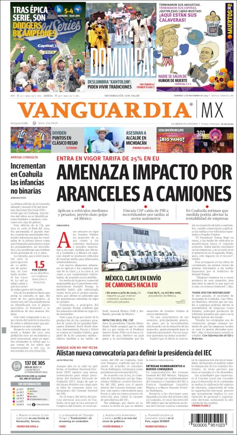Portada de Vanguardia del domingo, 2 de noviembre de 2025