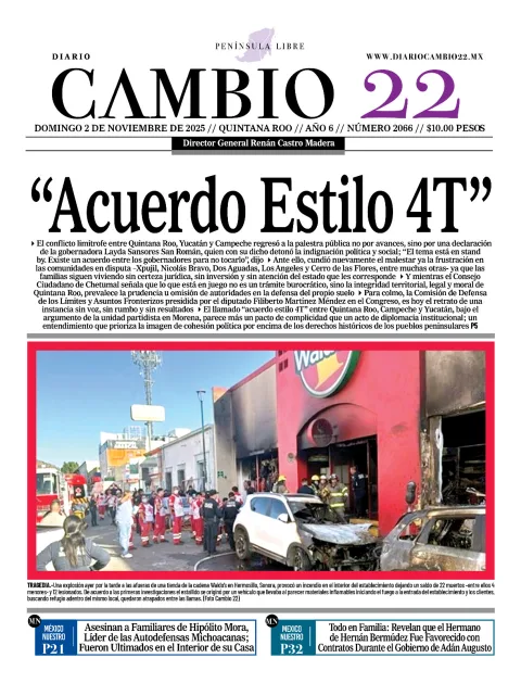 Portada de Diario Cambio 22 (contraportada) del domingo, 2 de noviembre de 2025