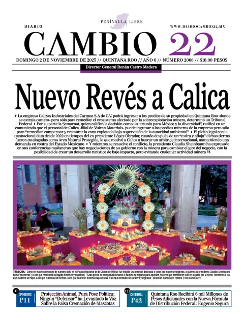Portada de Diario Cambio 22 (portada) del domingo, 2 de noviembre de 2025