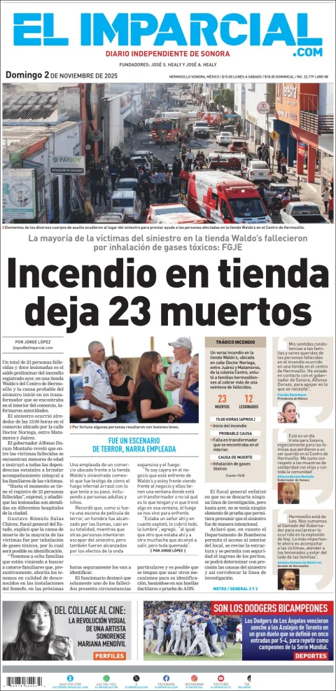 Portada de El Imparcial del domingo, 2 de noviembre de 2025