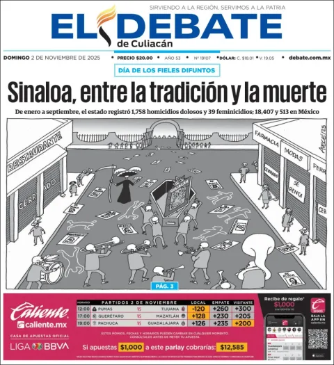Portada de El Debate de Culiacan del domingo, 2 de noviembre de 2025