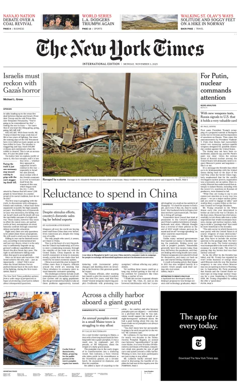 Portada de The New York Times (international) del lunes, 3 de noviembre de 2025
