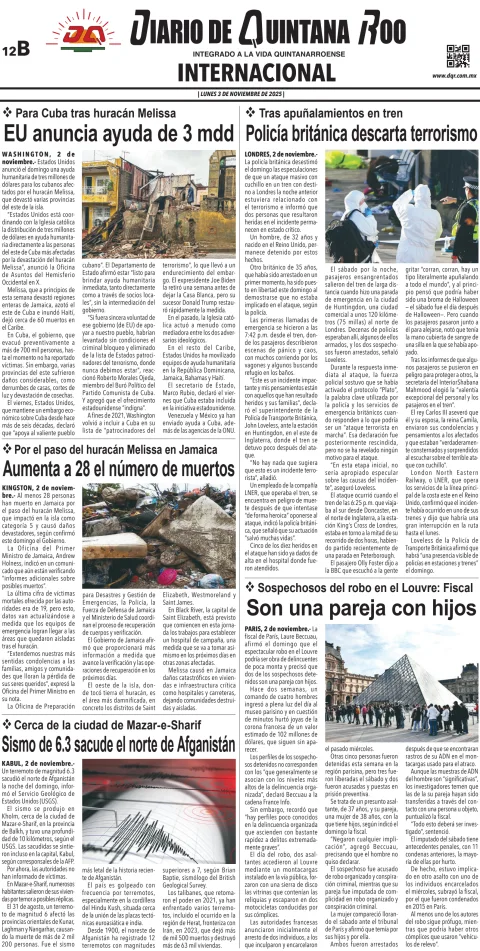 Portada de Diario de Quintana Roo (contra Portada) del lunes, 3 de noviembre de 2025