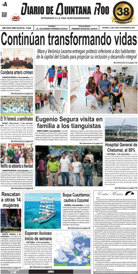 Portada de Diario de Quintana Roo (portada) del lunes, 3 de noviembre de 2025