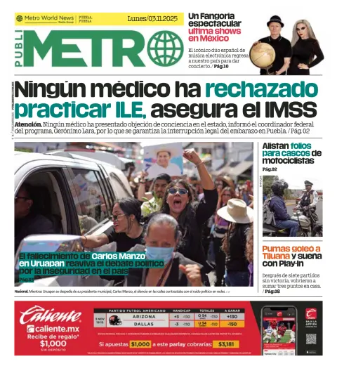 Portada de Publimetro Puebla del lunes, 3 de noviembre de 2025