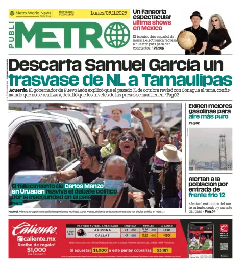 Portada de Publimetro Monterrey del lunes, 3 de noviembre de 2025