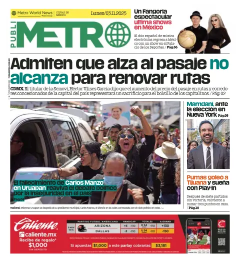 Portada de Publimetro Nacional del lunes, 3 de noviembre de 2025