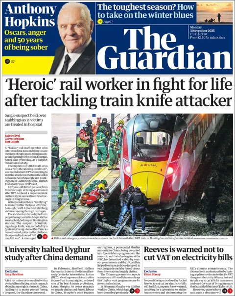 Portada de The Guardian (reino Unido) del lunes, 3 de noviembre de 2025