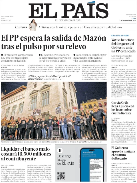 Portada de El Pais del lunes, 3 de noviembre de 2025