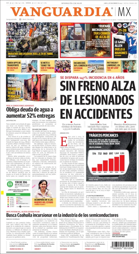 Portada de Vanguardia del lunes, 3 de noviembre de 2025
