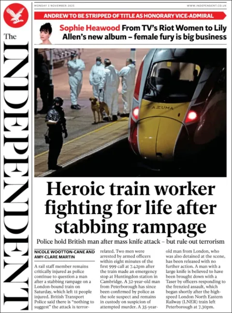 Portada de The Independent del lunes, 3 de noviembre de 2025