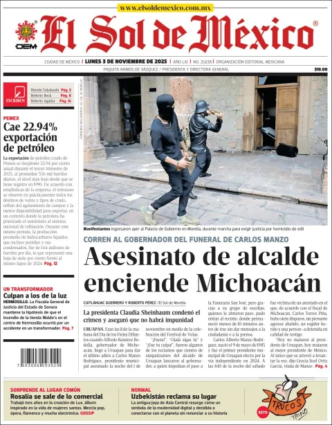 Portada de El Sol de Mexico del lunes, 3 de noviembre de 2025