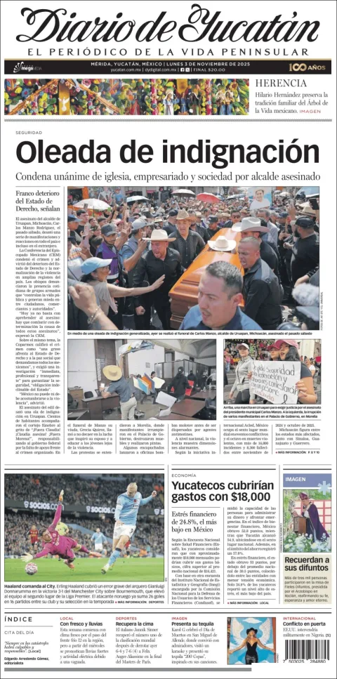 Portada de Diario de Yucatán del lunes, 3 de noviembre de 2025