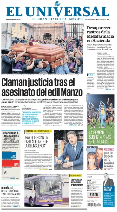 Portada de El Universal del lunes, 3 de noviembre de 2025