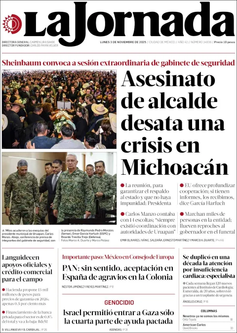 Portada de La Jornada del lunes, 3 de noviembre de 2025