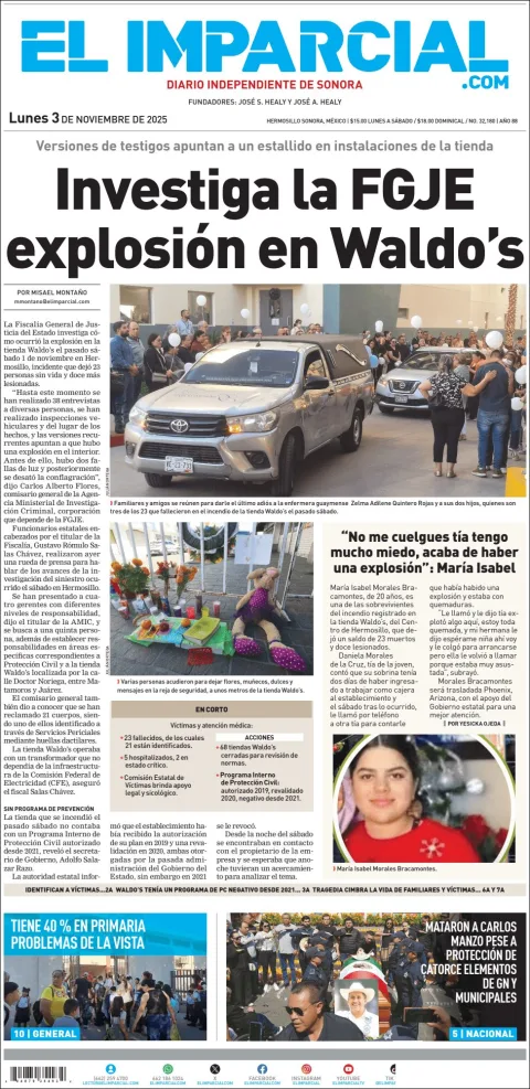 Portada de El Imparcial del lunes, 3 de noviembre de 2025