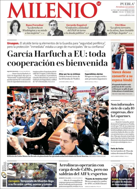 Portada de Milenio Puebla del lunes, 3 de noviembre de 2025