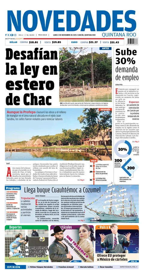 Portada de Novedades Quintana Roo del lunes, 3 de noviembre de 2025