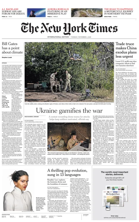 Portada de The New York Times (international) del martes, 4 de noviembre de 2025