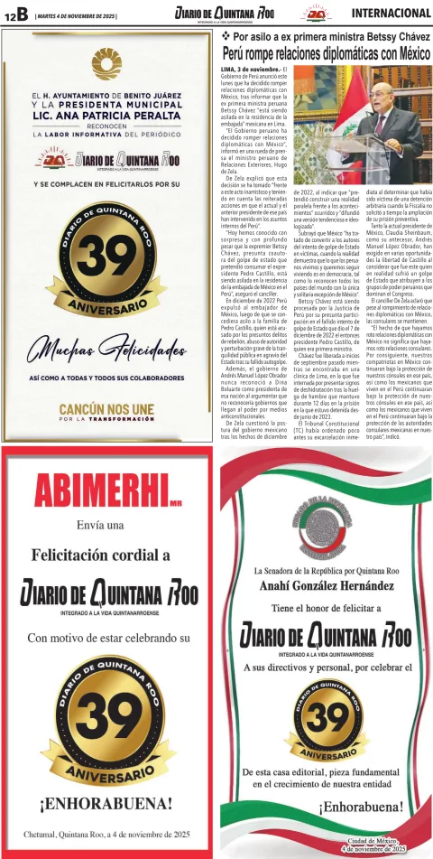 Portada de Diario de Quintana Roo (contra Portada) del martes, 4 de noviembre de 2025