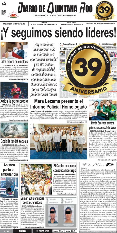 Portada de Diario de Quintana Roo (portada) del martes, 4 de noviembre de 2025