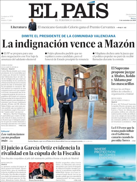 Portada de El Pais del martes, 4 de noviembre de 2025