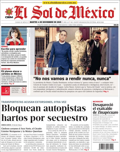 Portada de El Sol de Mexico del martes, 4 de noviembre de 2025
