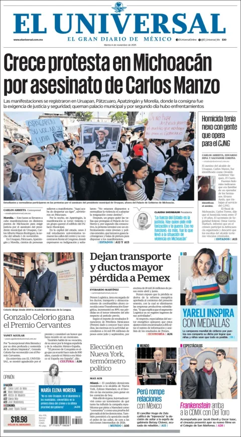 Portada de El Universal del martes, 4 de noviembre de 2025