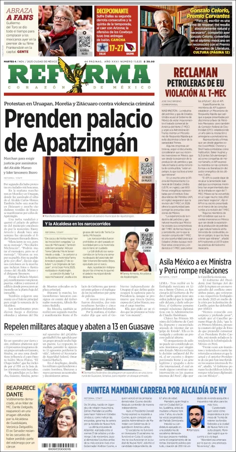Portada de Reforma del martes, 4 de noviembre de 2025