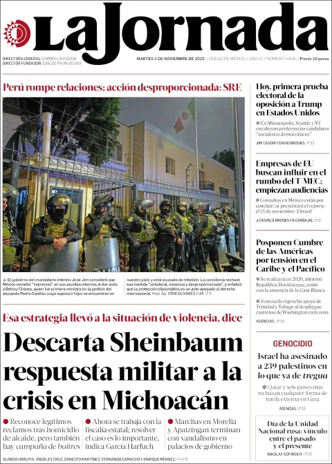 Portada de La Jornada del martes, 4 de noviembre de 2025