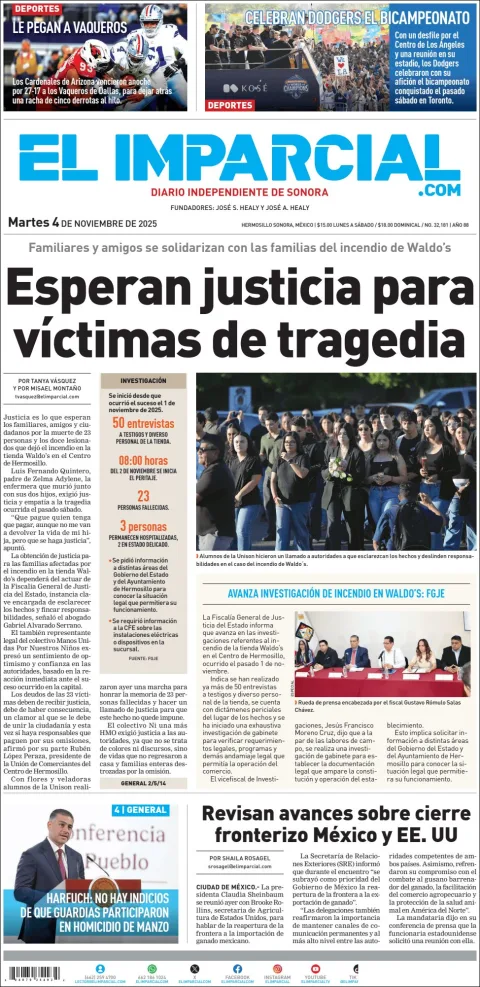 Portada de El Imparcial del martes, 4 de noviembre de 2025
