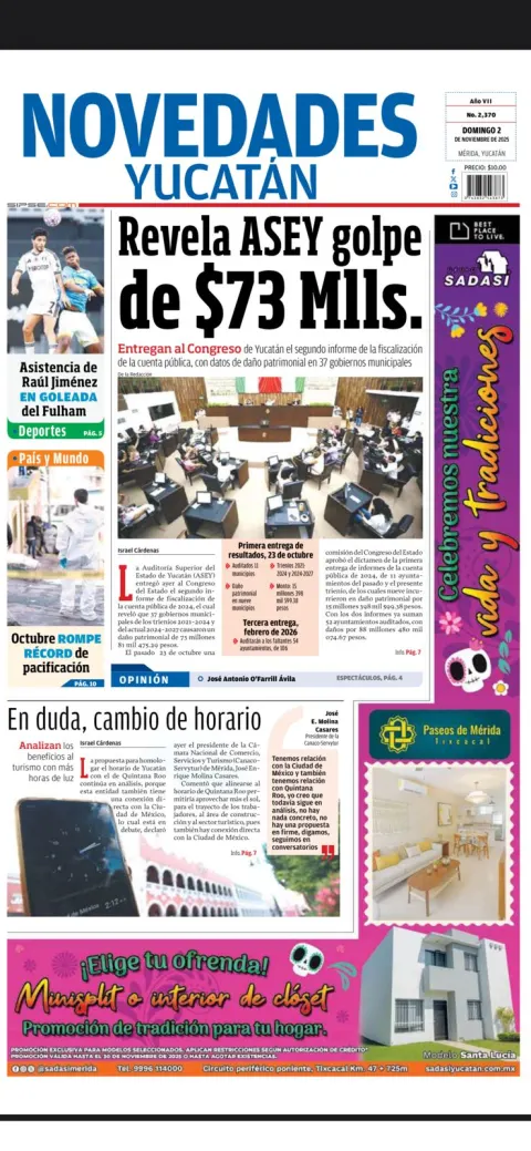 Portada de Novedades Yucatan del domingo, 2 de noviembre de 2025