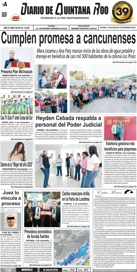 Portada de Diario de Quintana Roo (portada) del miércoles, 5 de noviembre de 2025