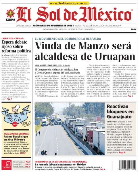 Portada de El Sol de Mexico del miércoles, 5 de noviembre de 2025