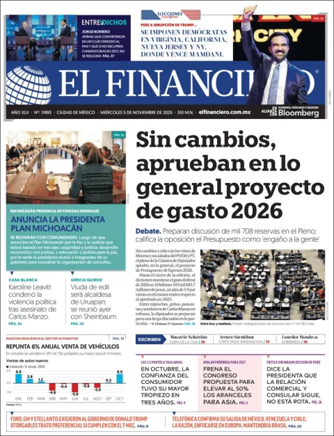 Portada de El Financiero del miércoles, 5 de noviembre de 2025