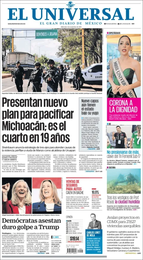 Portada de El Universal del miércoles, 5 de noviembre de 2025