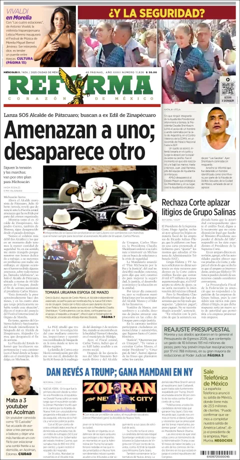 Portada de Reforma del miércoles, 5 de noviembre de 2025