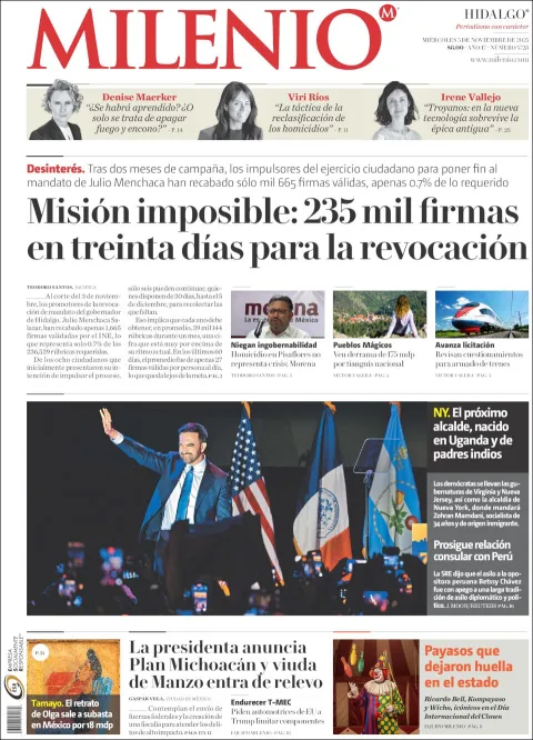 Portada de Milenio Hidalgo del miércoles, 5 de noviembre de 2025