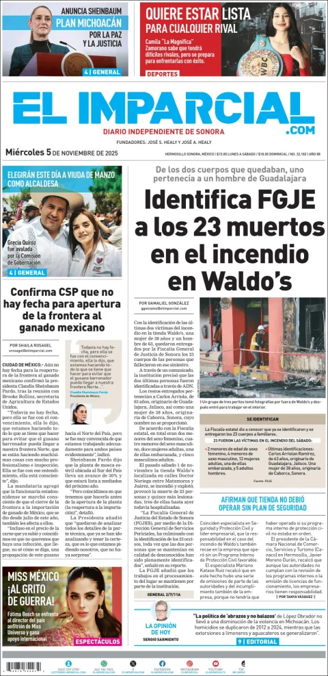 Portada de El Imparcial del miércoles, 5 de noviembre de 2025
