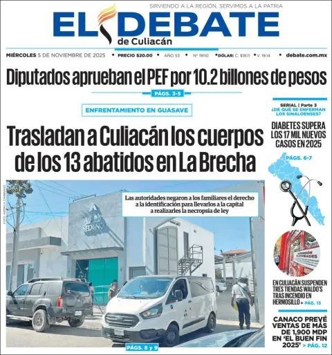 Portada de El Debate de Culiacan del miércoles, 5 de noviembre de 2025