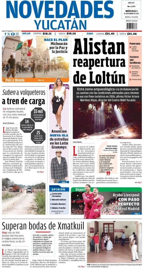 Portada de Novedades Yucatan del miércoles, 5 de noviembre de 2025