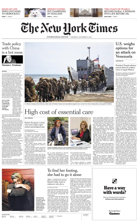 Portada de The New York Times (international) del jueves, 6 de noviembre de 2025